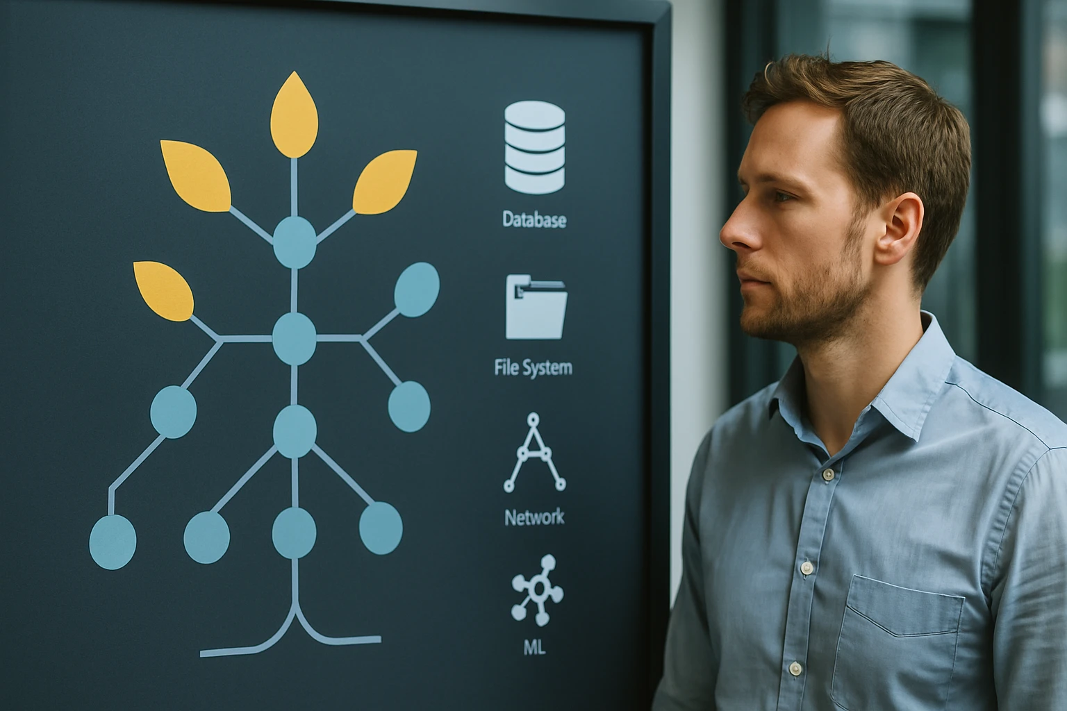 Egy férfi figyelmesen nézi a technológiai diagramot, amely adatbázisokat és hálózatokat ábrázol.