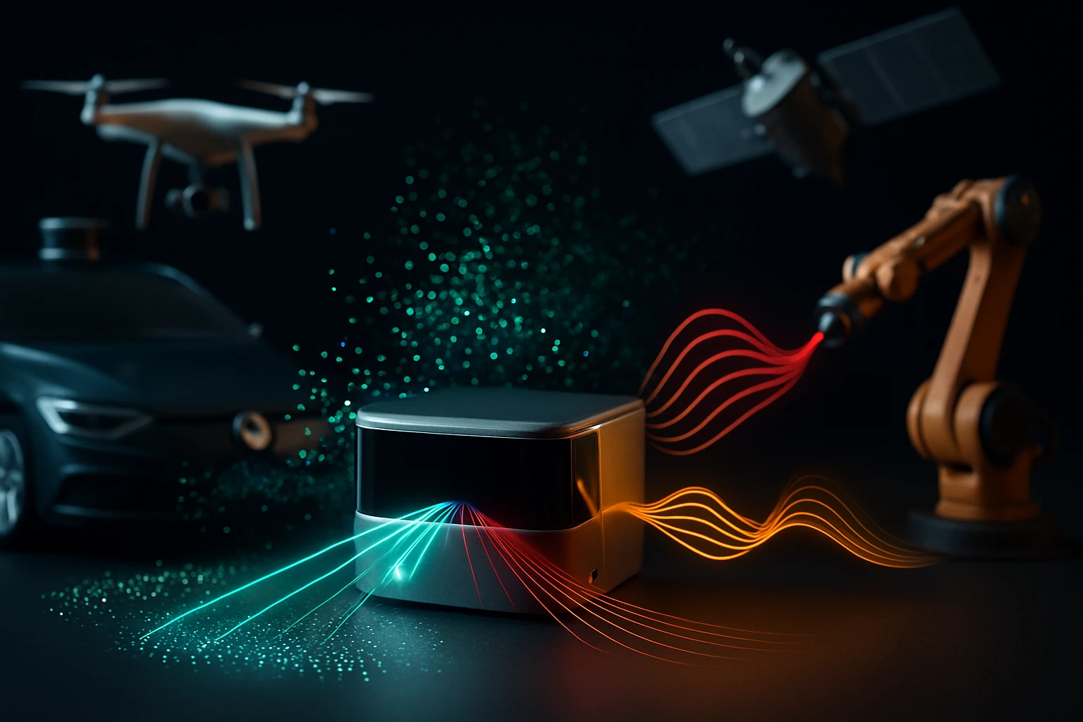 Egy modern technológiai eszköz, amely körül drón, autómodell és robotkar látható.