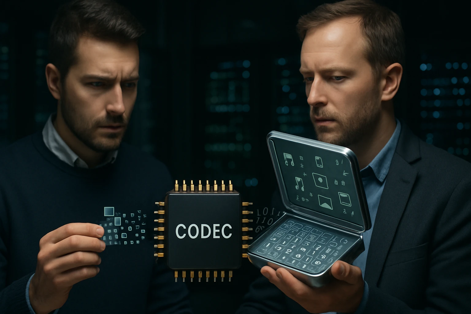 Két férfi egy processzort és egy holografikus laptopot vizsgál, technológiai környezetben.