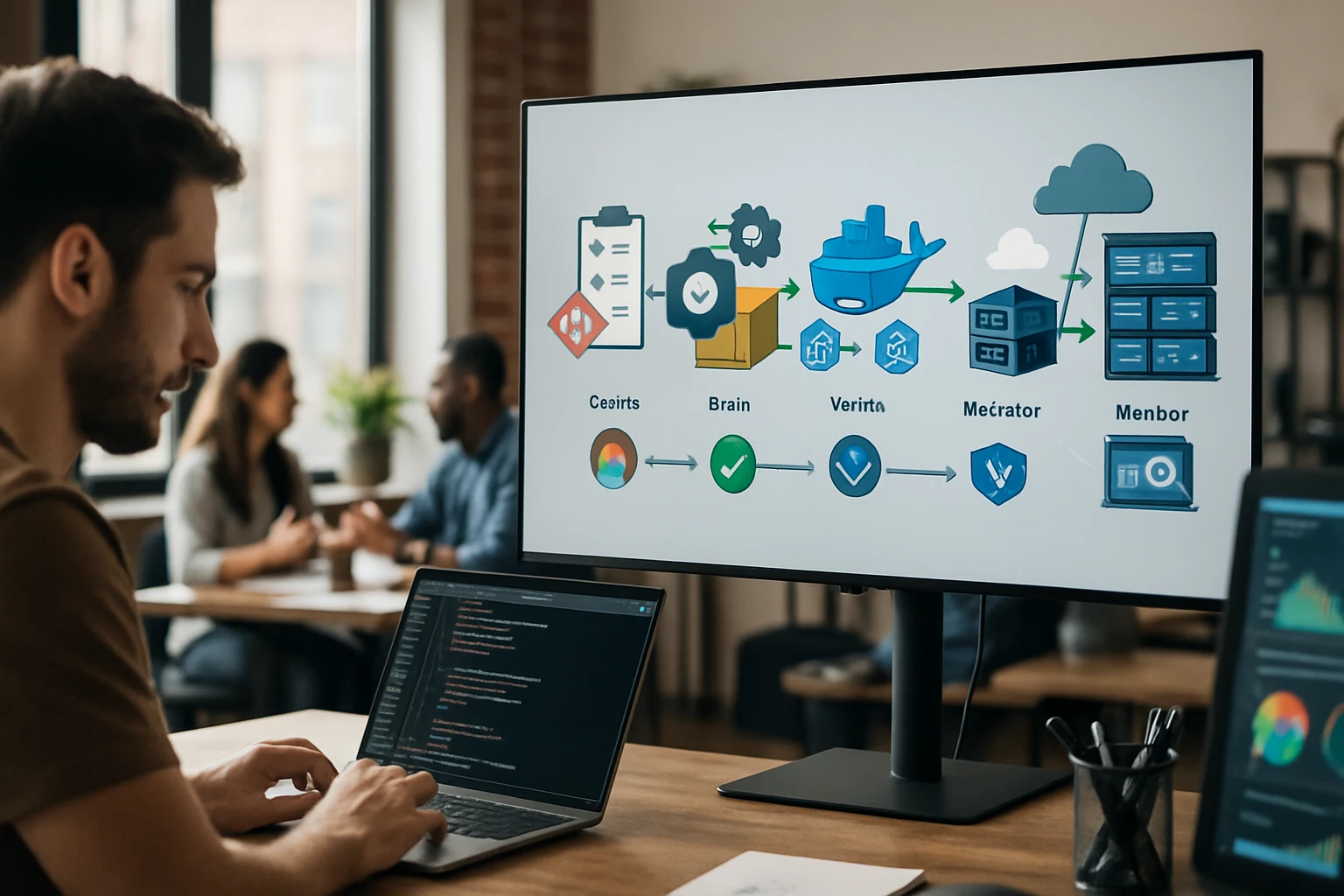 Egy férfi laptopon dolgozik, miközben egy diagram látható a monitoron, amely technológiai folyamatokat ábrázol.