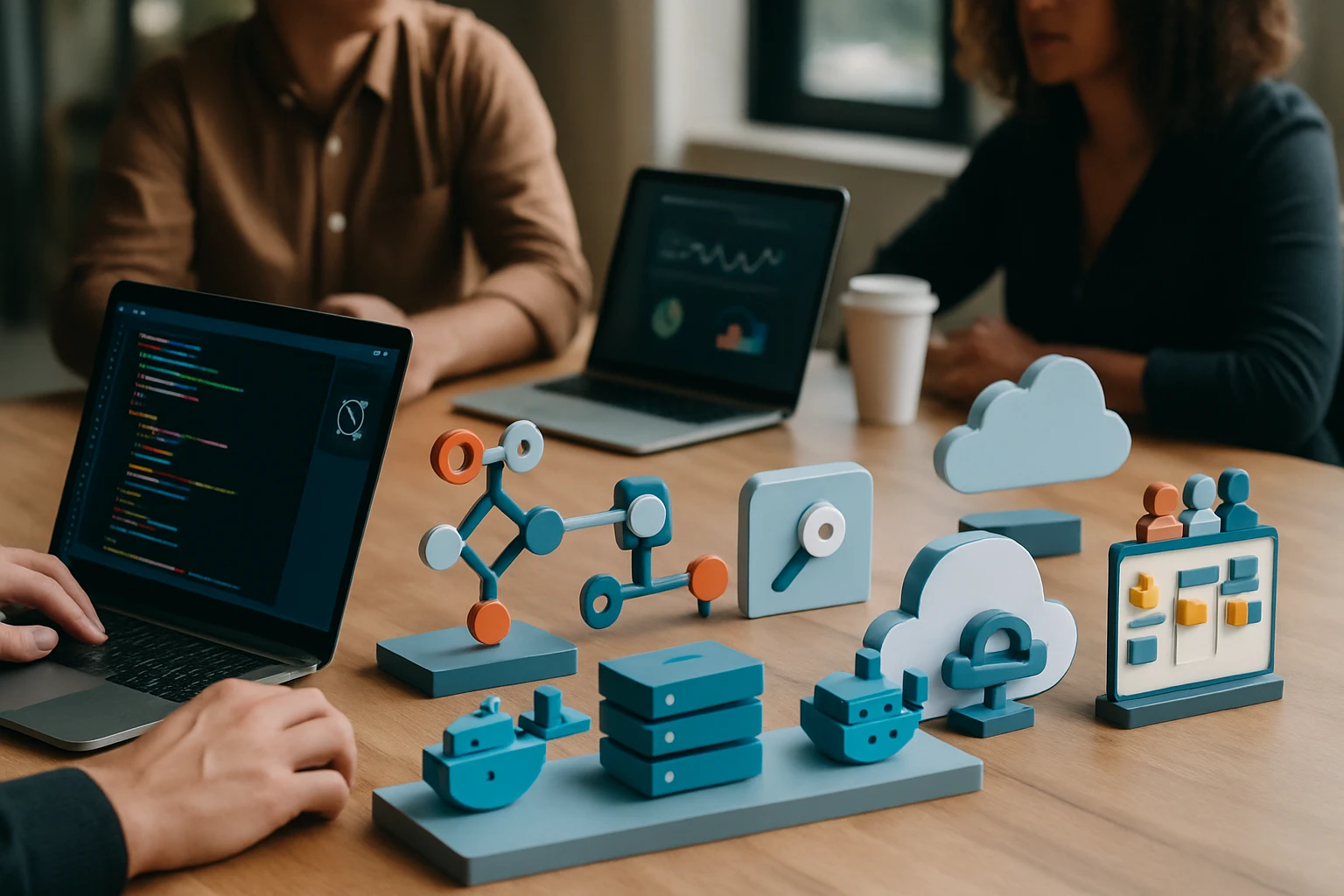 Egy asztalon elhelyezett laptop, színes 3D-s technológiai ikonokkal.