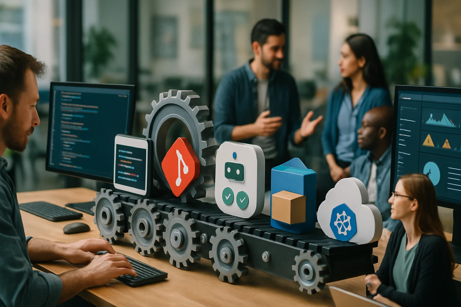 Egy modern munkahely, ahol programozók és technológiai ikonok láthatók.