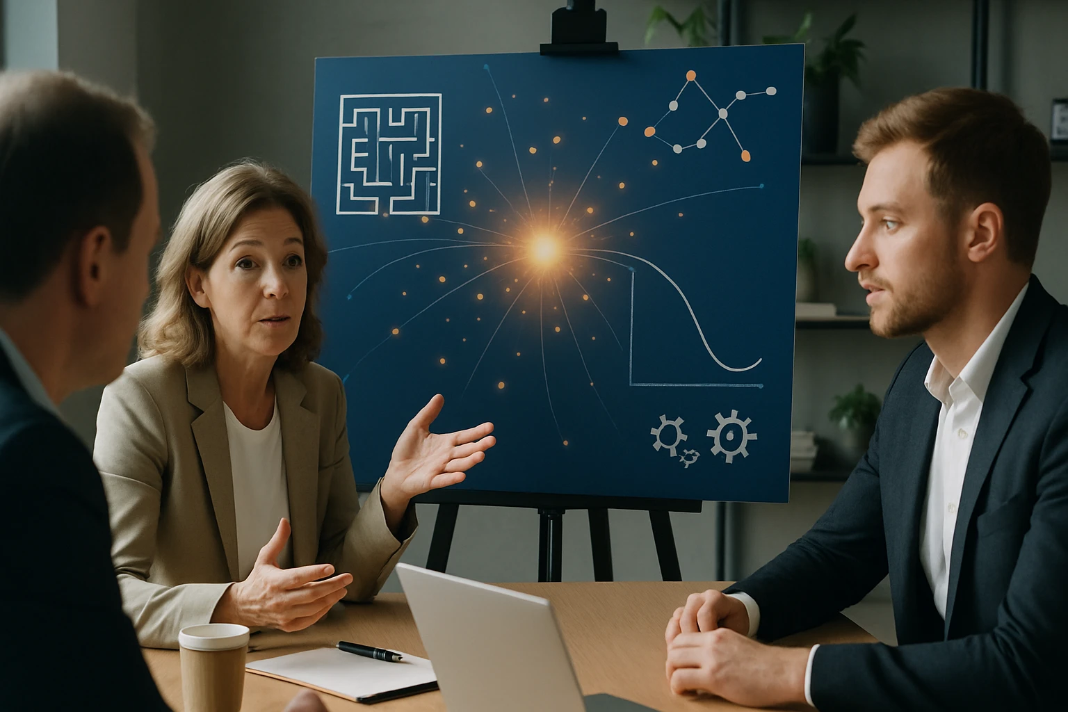 Egy nő beszél egy prezentációs táblázat előtt, amely technológiai grafikákat mutat.