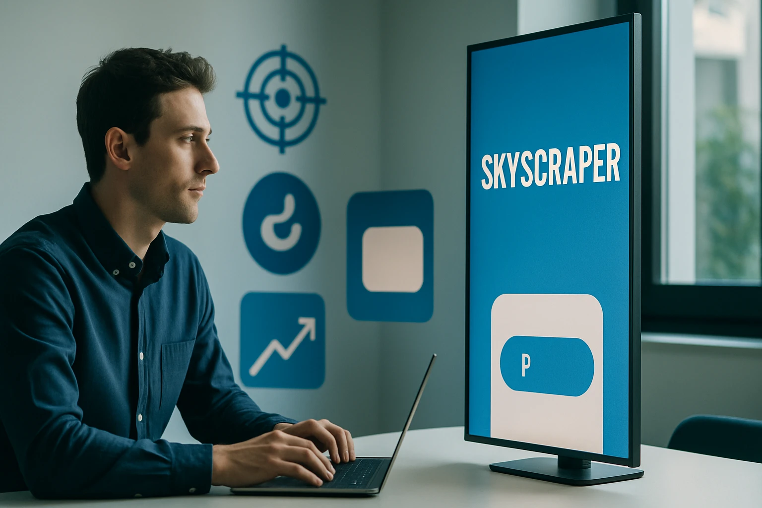 Egy férfi laptopon dolgozik, miközben egy képernyőn a 'SKYSCRAPER' felirat látható.