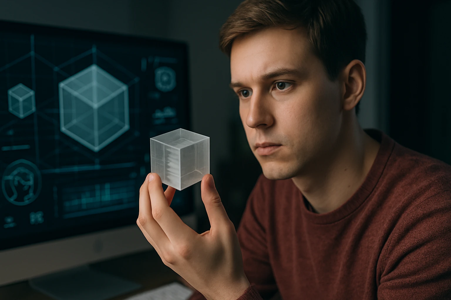 Egy fiatal férfi átlátszó kockát tart a kezében, miközben a számítógép képernyőjére néz.