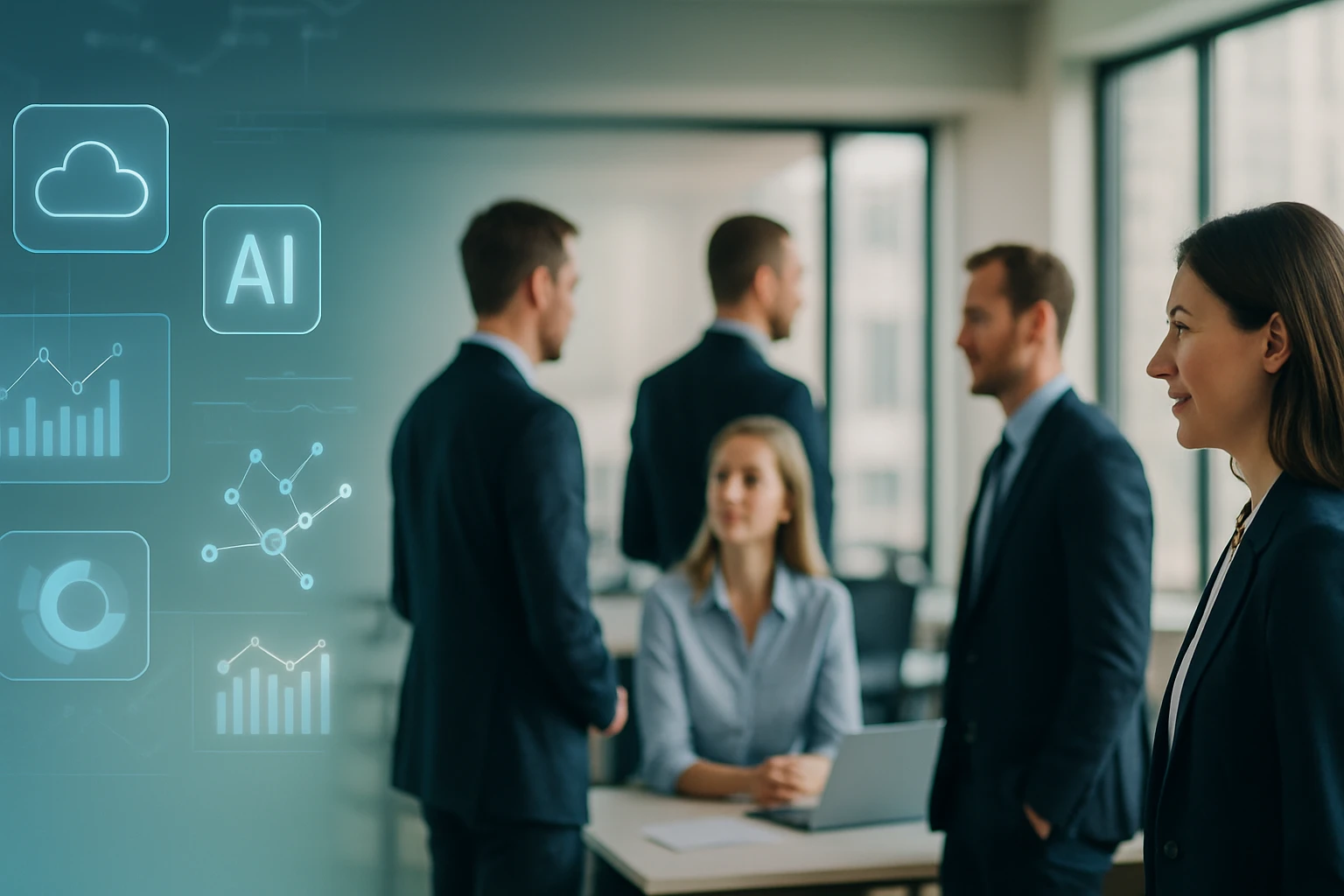 Üzleti megbeszélés, ahol a résztvevők a technológiai trendekről beszélgetnek.