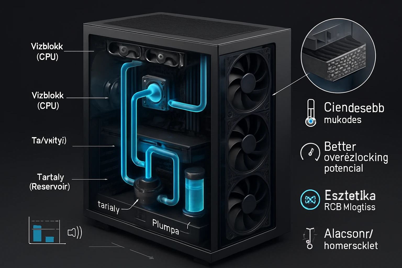 Egy modern vízhűtéses számítógép belső felépítése, világító csövekkel.