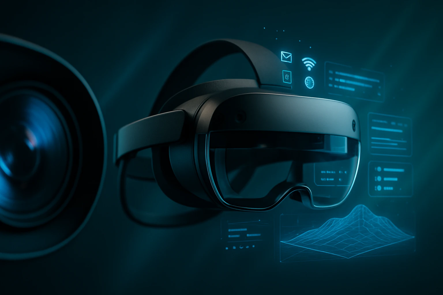 Fekete színű VR szemüveg, digitális interfésszel és adatokkal.