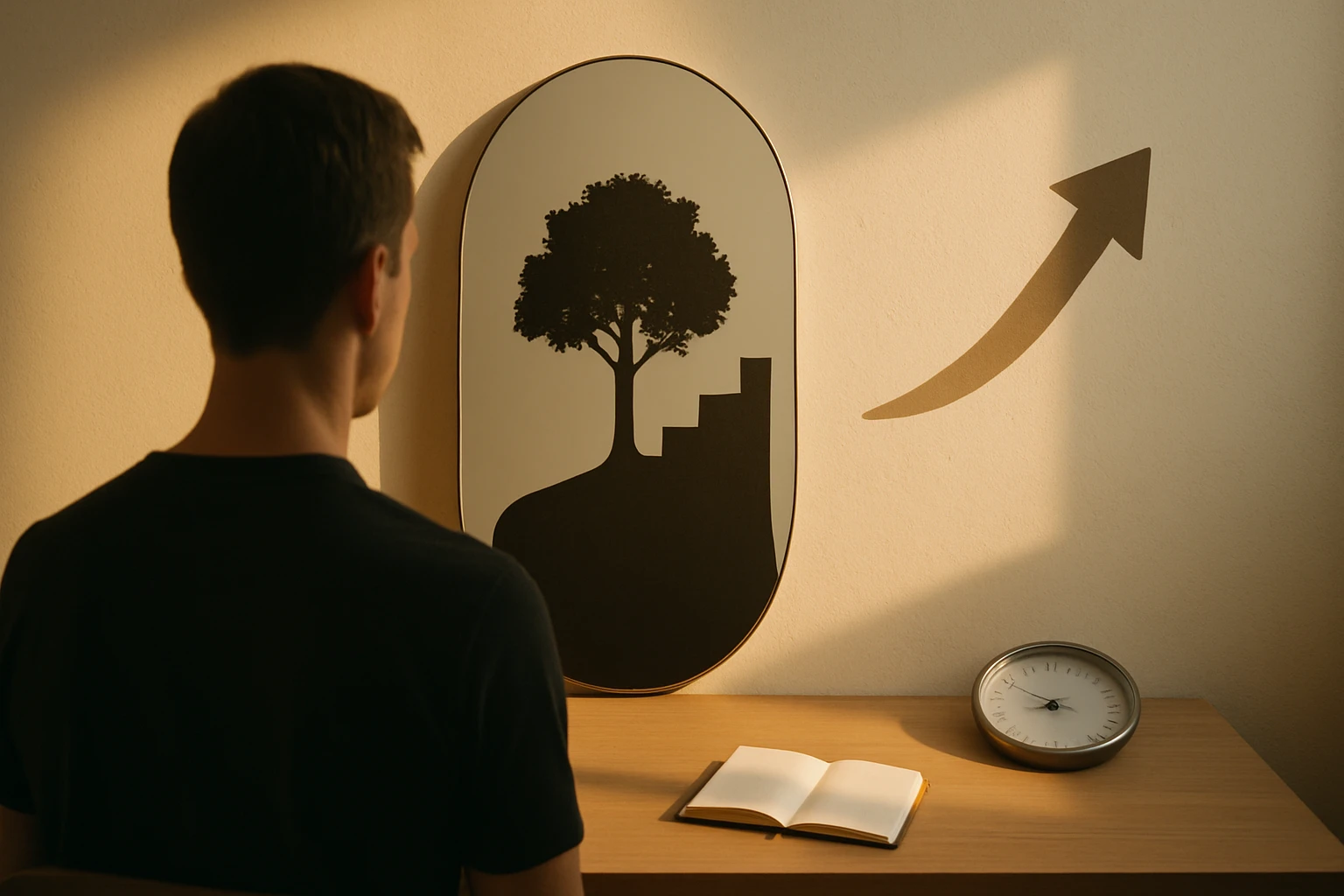 Egy férfi ül egy asztalnál, háttal a kamerának, egy fali képet néz, amelyen fa és lépcsők láthatók.