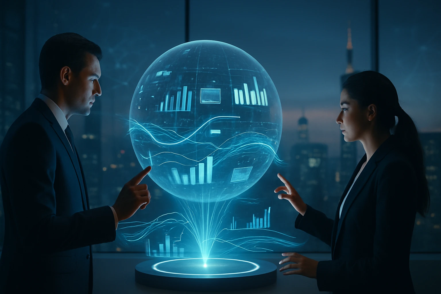 Két üzletember interaktív hologramot néz, amely adatelemzést mutat.