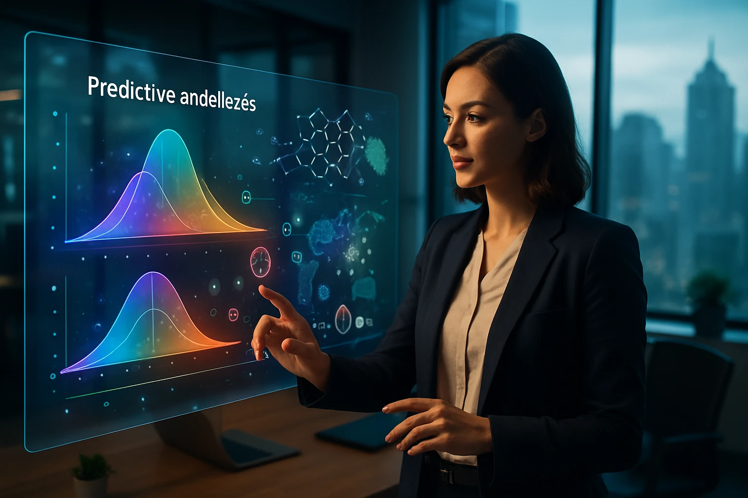 Egy nő interaktív adatvizualizációt néz, amely prediktív elemzést mutat be.