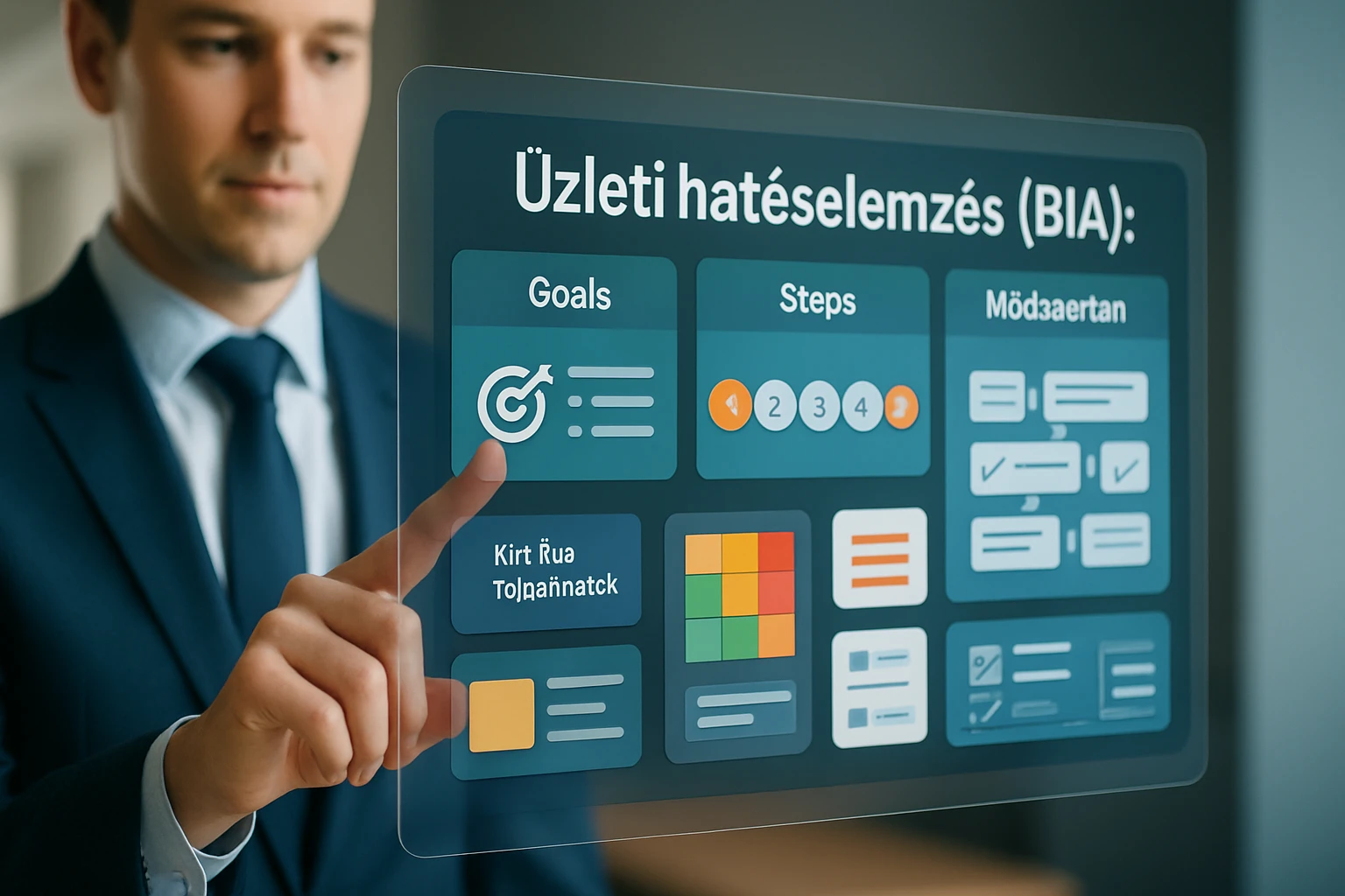 Egy üzletember interaktív kijelzőn mutatja az üzleti hatáselemzés lépéseit.