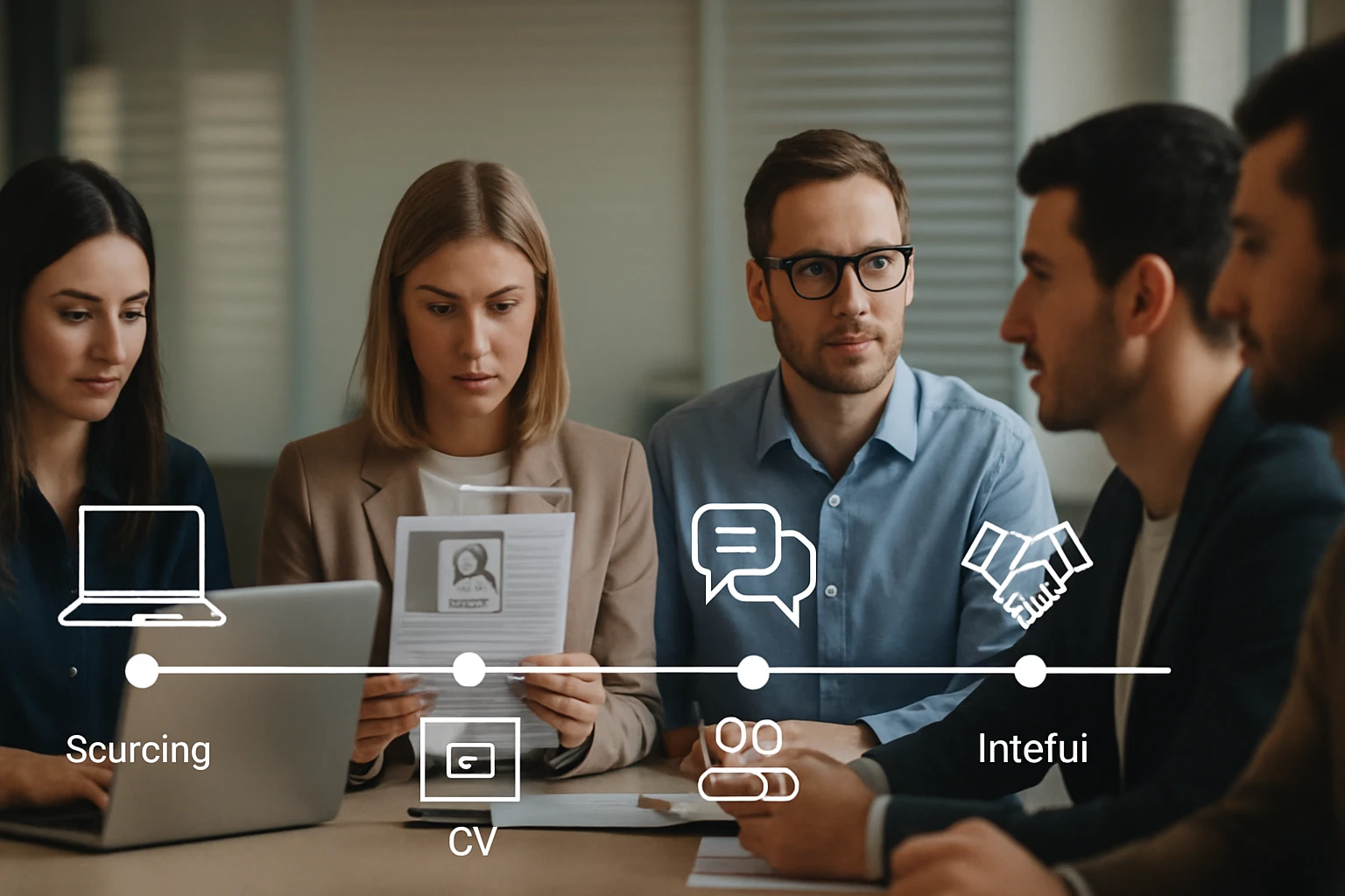 Öt felnőtt ül egy asztalnál, laptop és CV-k láthatók, interjúra készülnek.