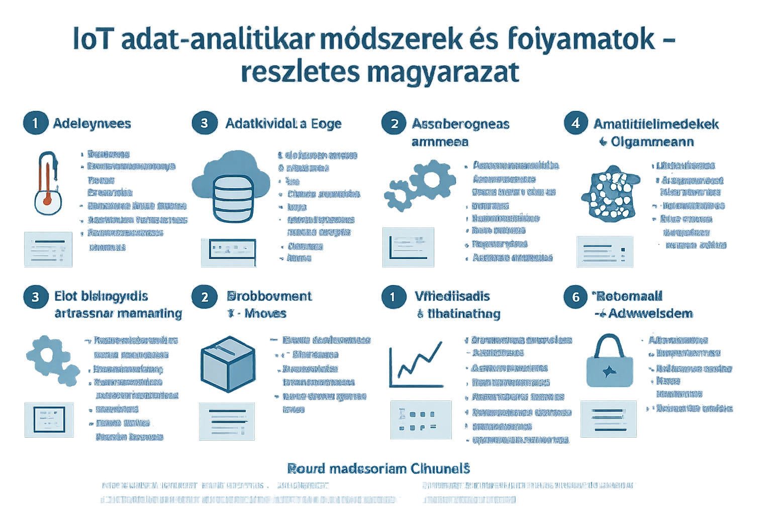 Az IoT adat-analitika módszereit és folyamatait bemutató infografika.