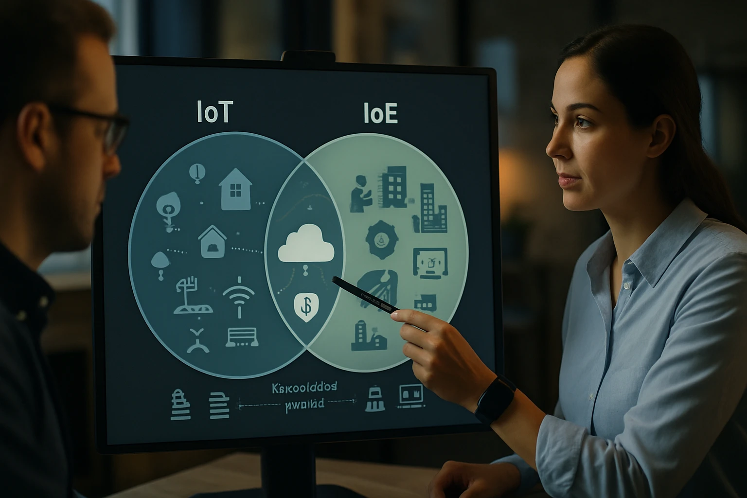 Egy nő mutat egy diagramra, amely az IoT és IoE közötti kapcsolatot ábrázolja.