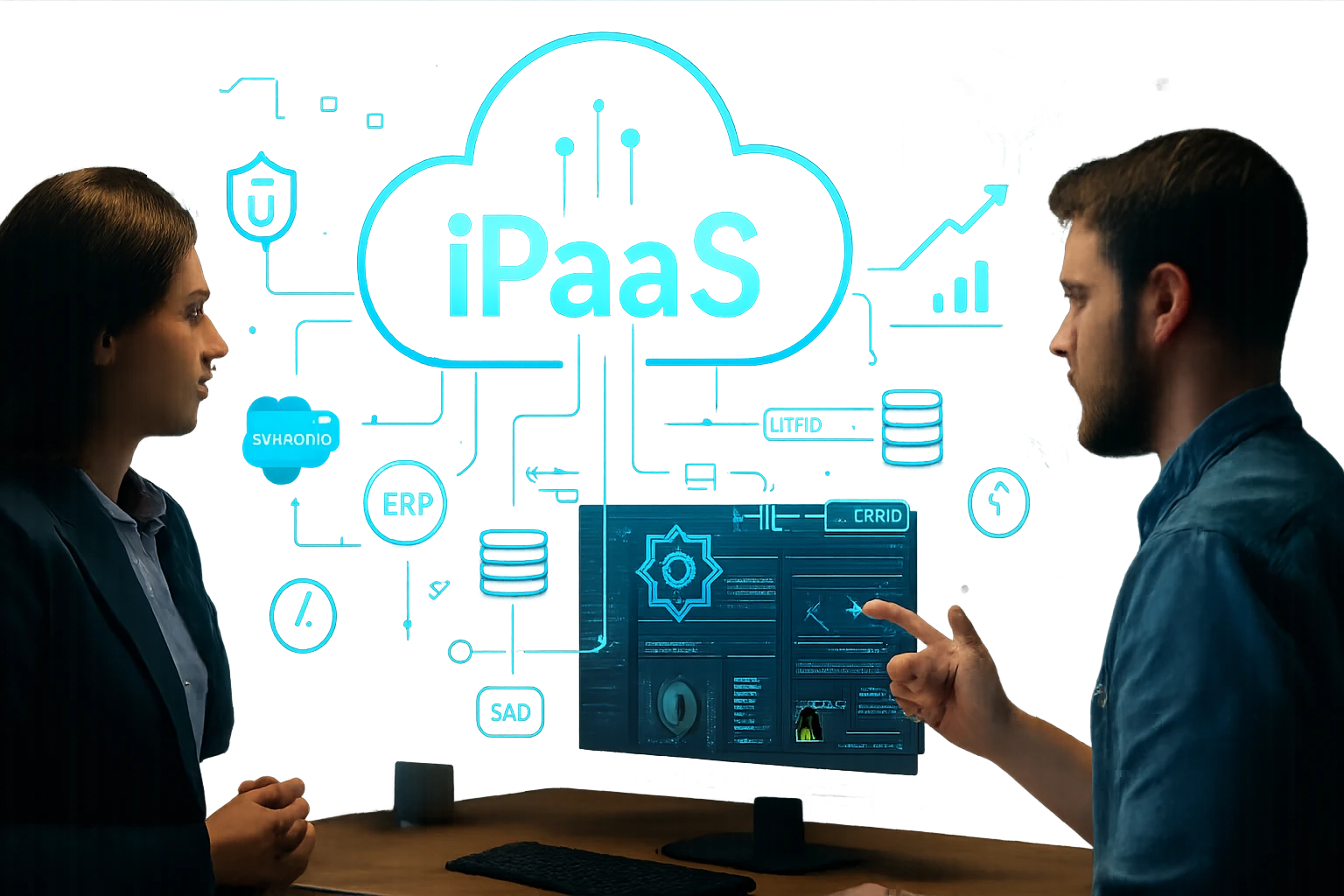 Két szakember beszélget egy iPaaS rendszerről, háttérben digitális grafika.
