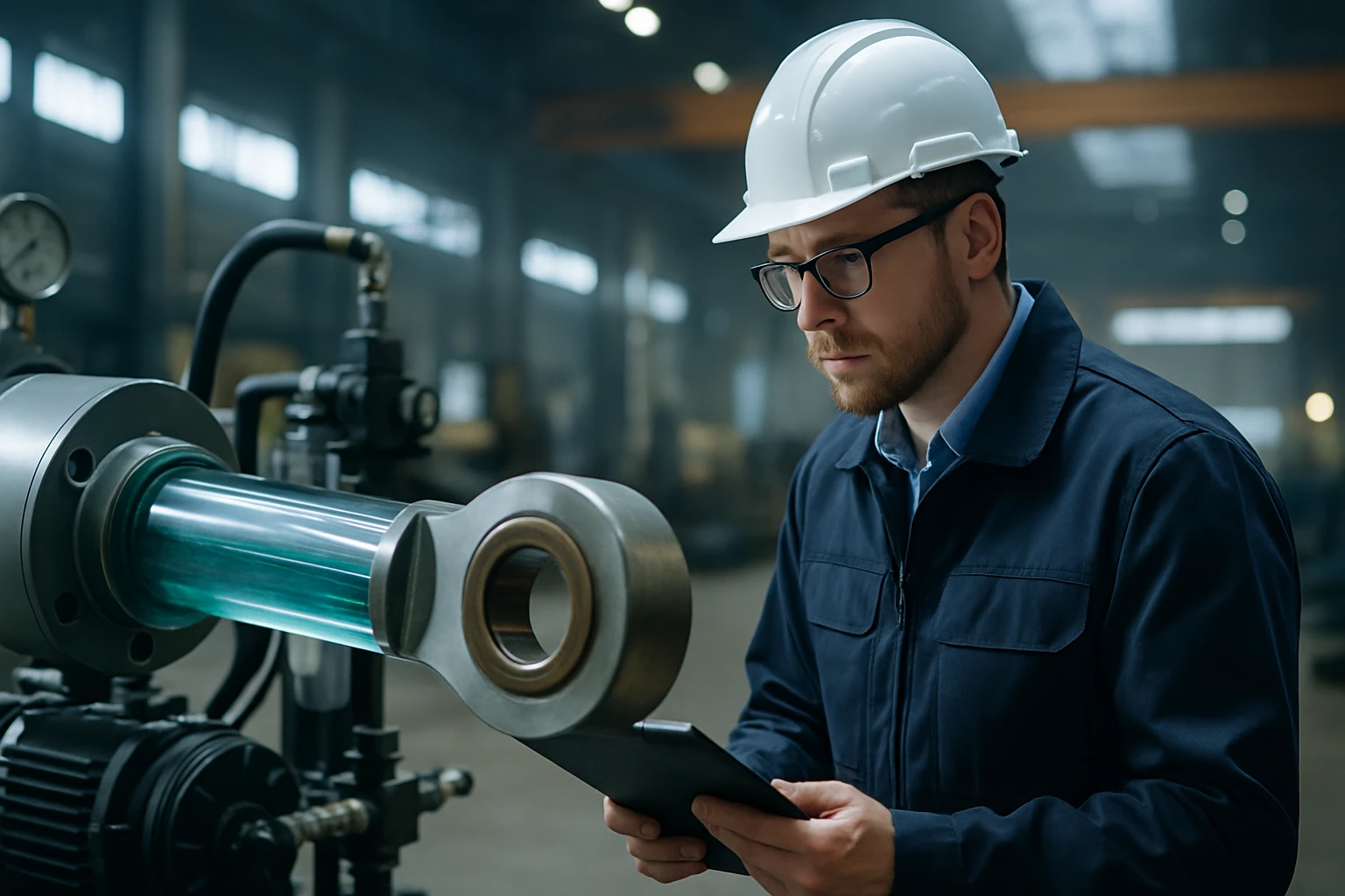 Mérnök egy ipari gépen dolgozik, táblagépet használva a munkához.
