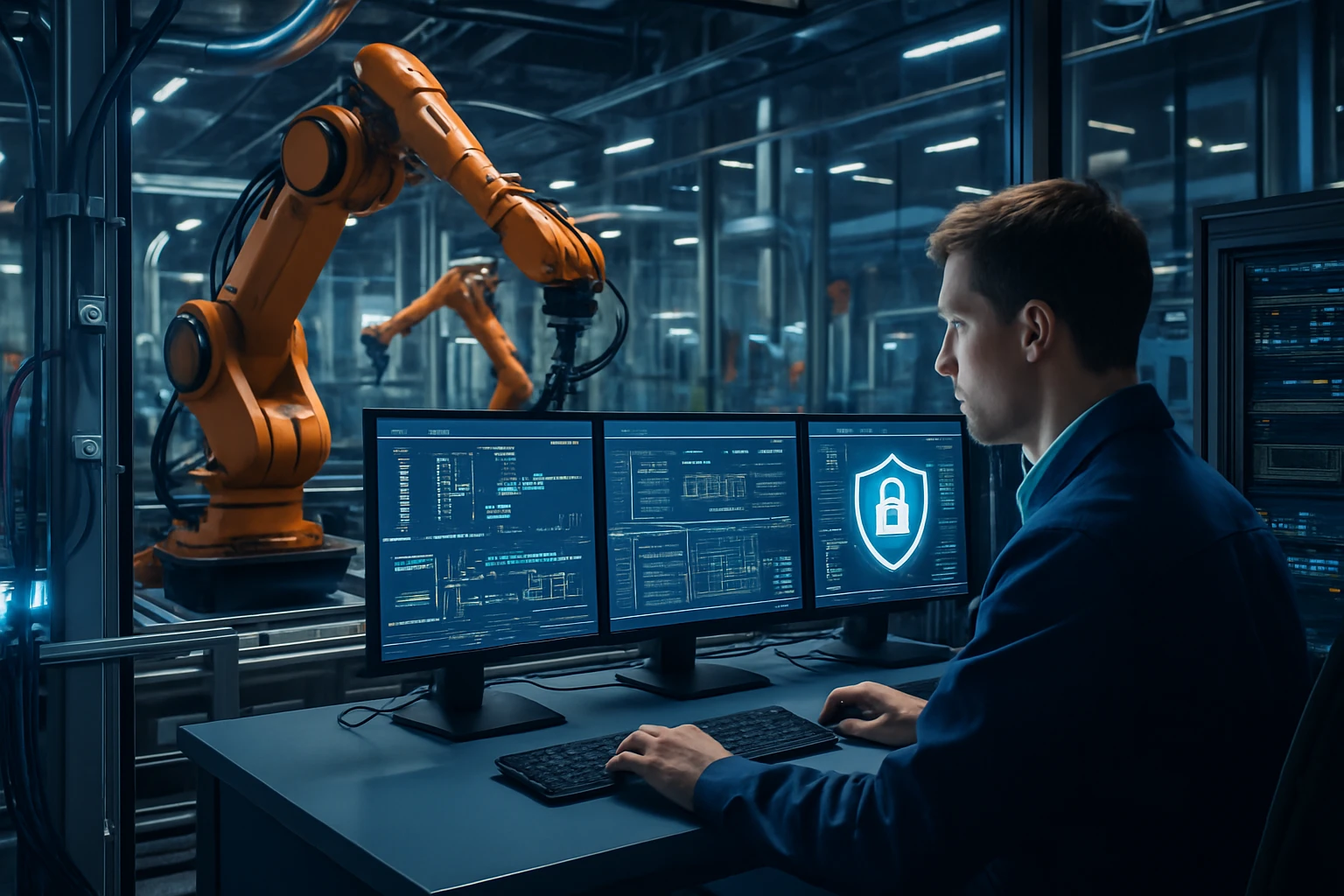 Egy férfi monitor előtt ül, miközben ipari robotok működnek a háttérben.