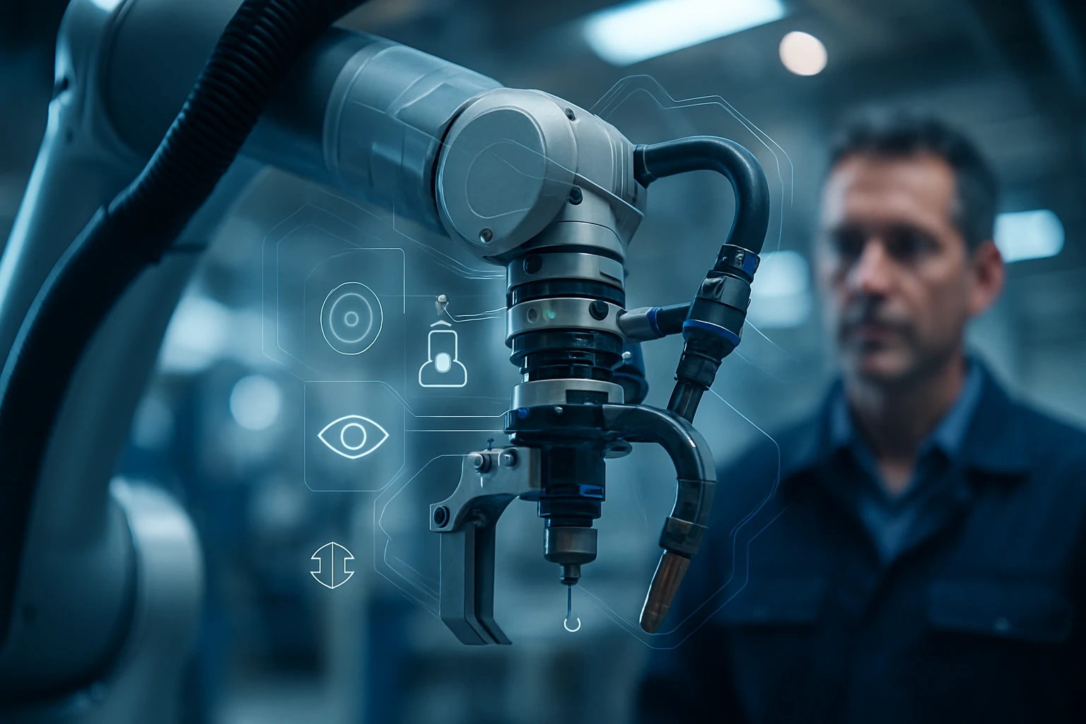 Egy ipari robotkar, amely különböző technológiai ikonokkal van körülvéve.