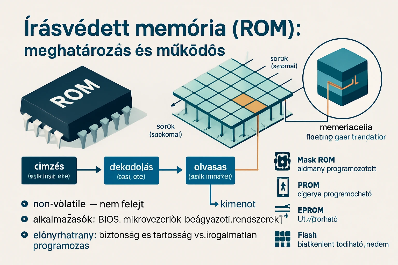 Egy írásvédett memória (ROM) ábrázolása, bemutatva működését és típusait.
