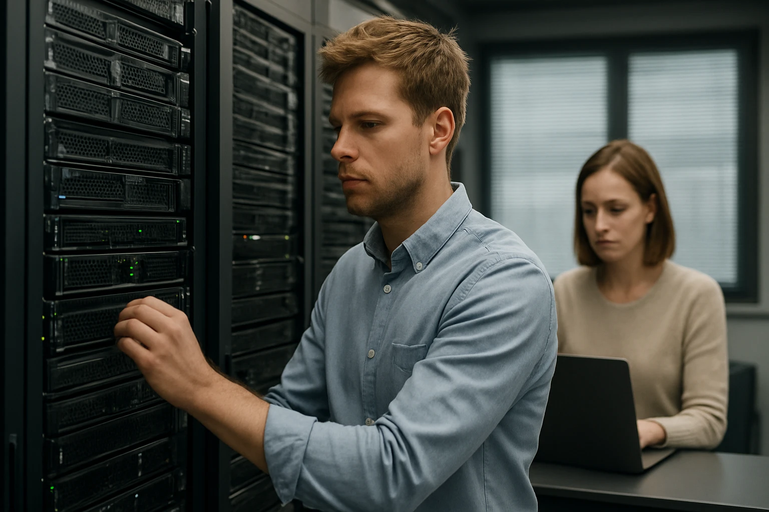 Két IT szakember dolgozik egy szerverteremben, az egyik a szerverekkel foglalkozik.