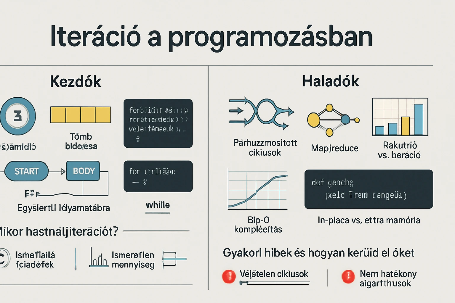 A programozásban használt iterációs technikák és hibák bemutatása grafikus formában.