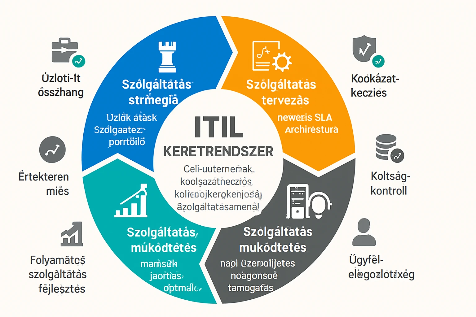 Az ITIL keretrendszer főbb elemeit bemutató diagram, amely a szolgáltatásmenedzsmentet ábrázolja.
