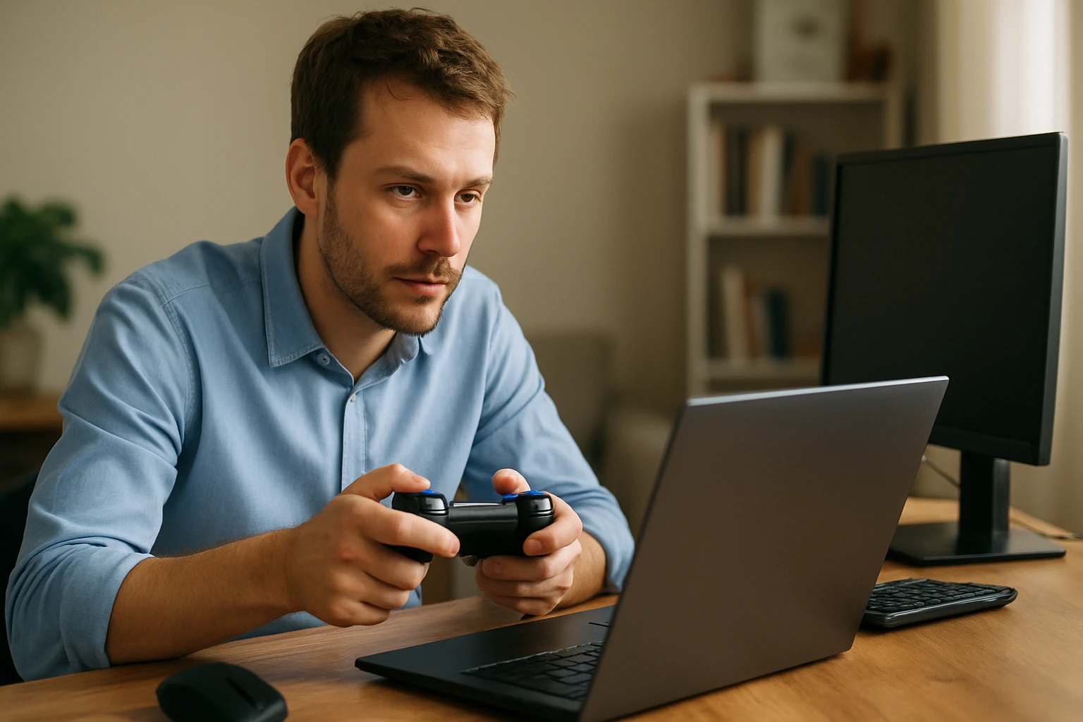 Egy fiatal férfi videojátékot játszik laptopon, kontrollerrel a kezében.