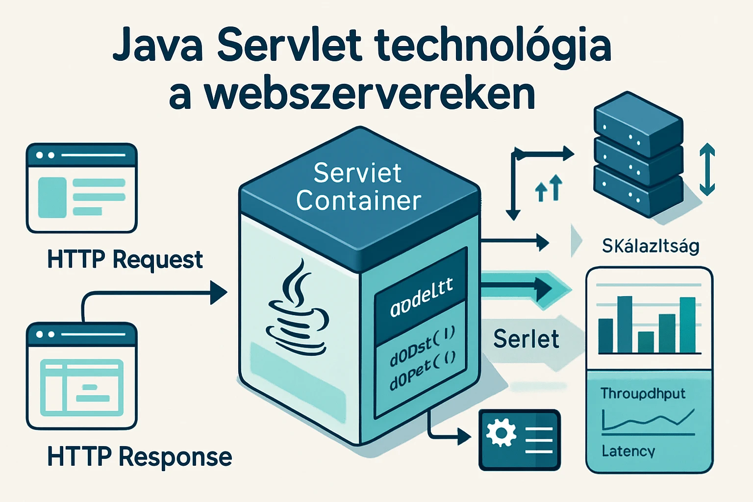 Java Servlet technológia ábrázolása, HTTP kérések és válaszok folyamatával.