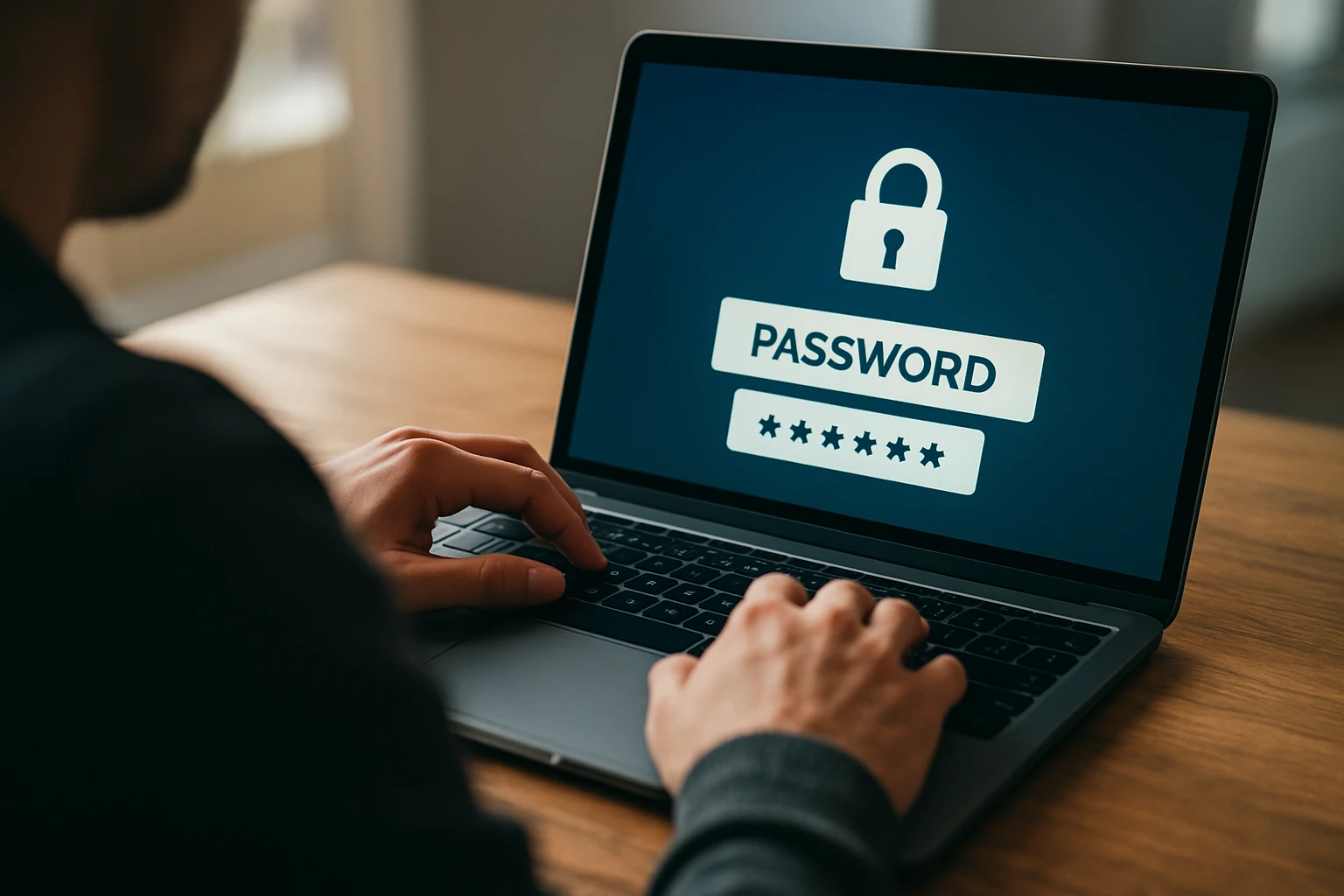 Egy férfi laptopján a jelszóbeviteli képernyő látható, zár ikon mellett.
