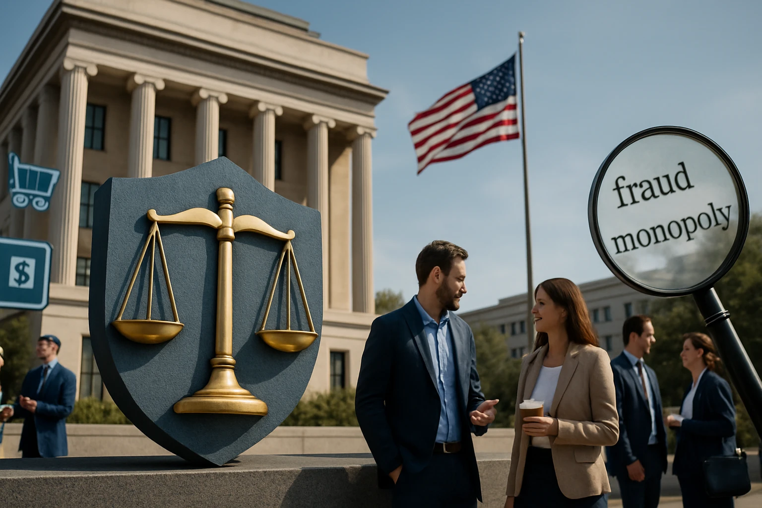 Két ember beszélget a jogi szimbólum előtt, háttérben az amerikai zászló.