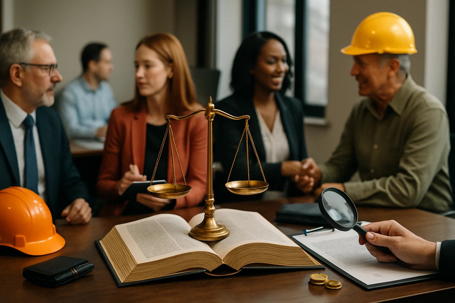 Egy jogi tárgyaláson résztvevő szakemberek, jogi könyv és mérleg a középpontban.