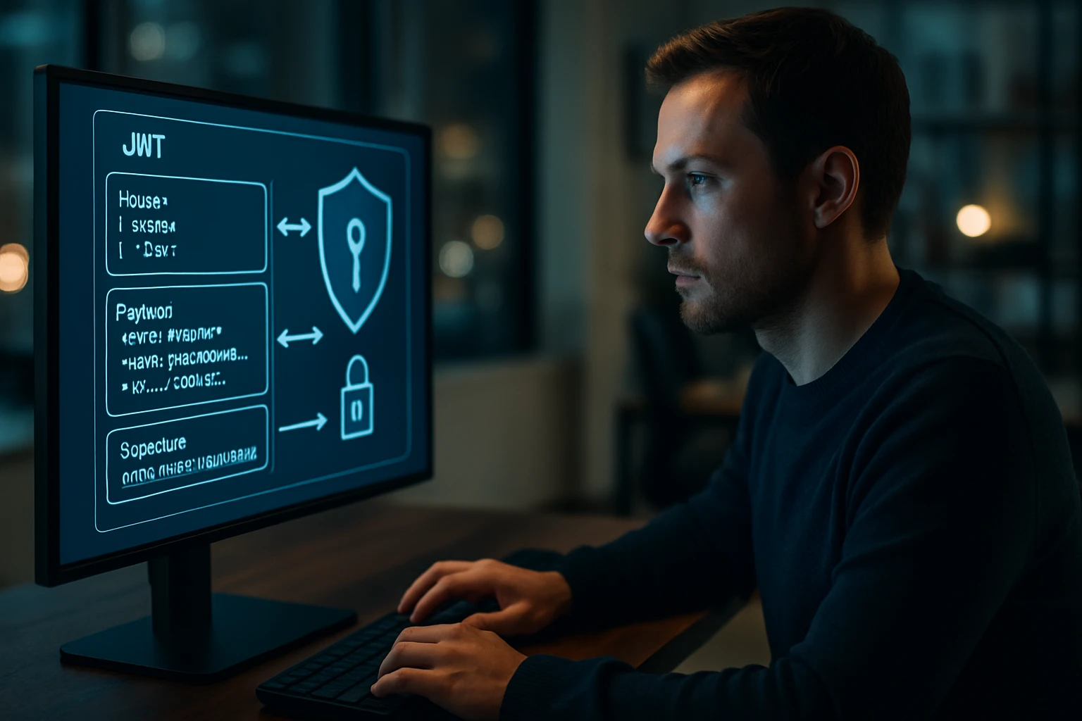 Egy férfi a számítógép előtt ülve, JWT biztonsági protokollt tanulmányozva.