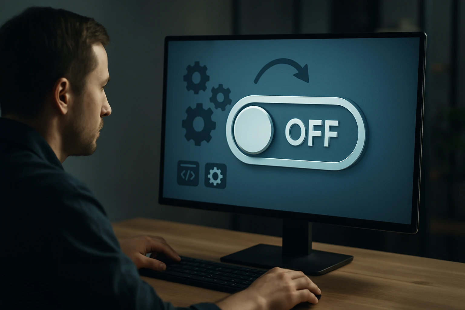 Egy férfi a számítógép előtt, amelyen egy OFF kapcsoló látható.