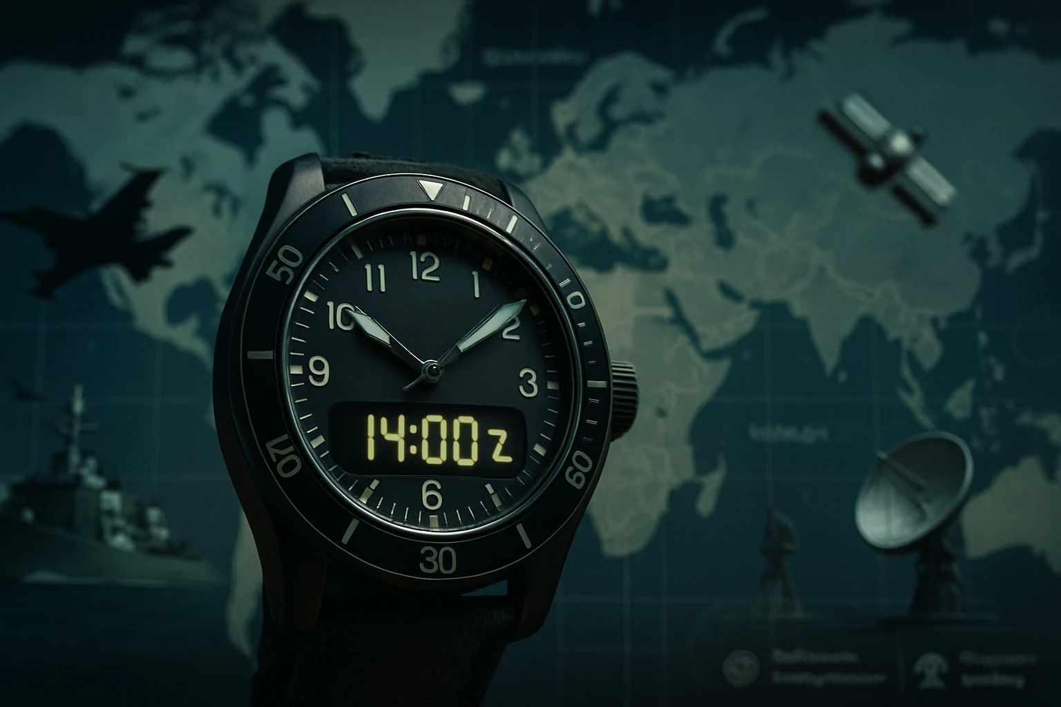 Egy katonai stílusú óra, amely 14:00 z időt mutat, háttérben világtérképpel.