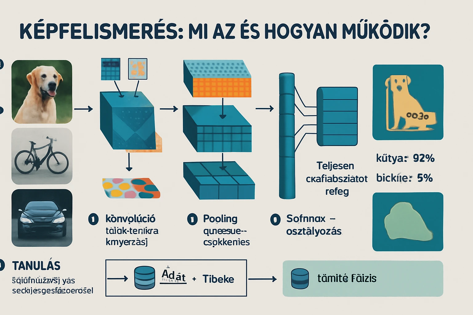 A képfelismerés folyamata, bemutatva a tanulási lépéseket és az osztályozást.
