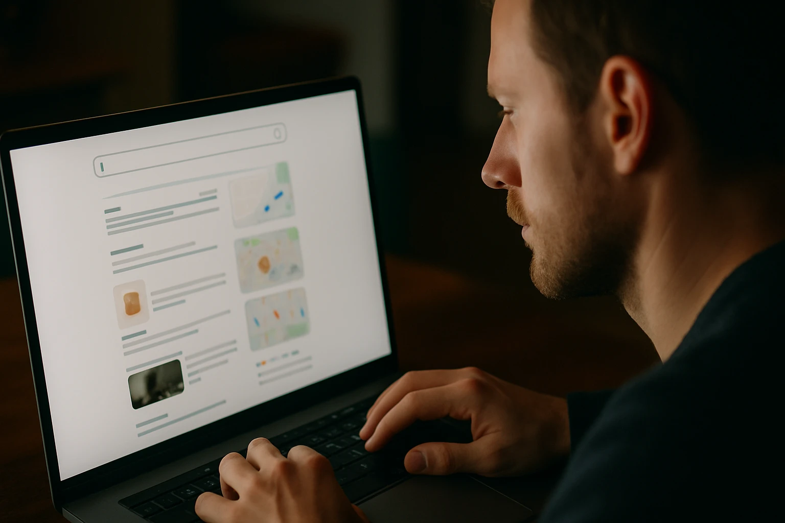 Egy férfi a laptopján keresgél, a képernyőn keresési találatok láthatók.