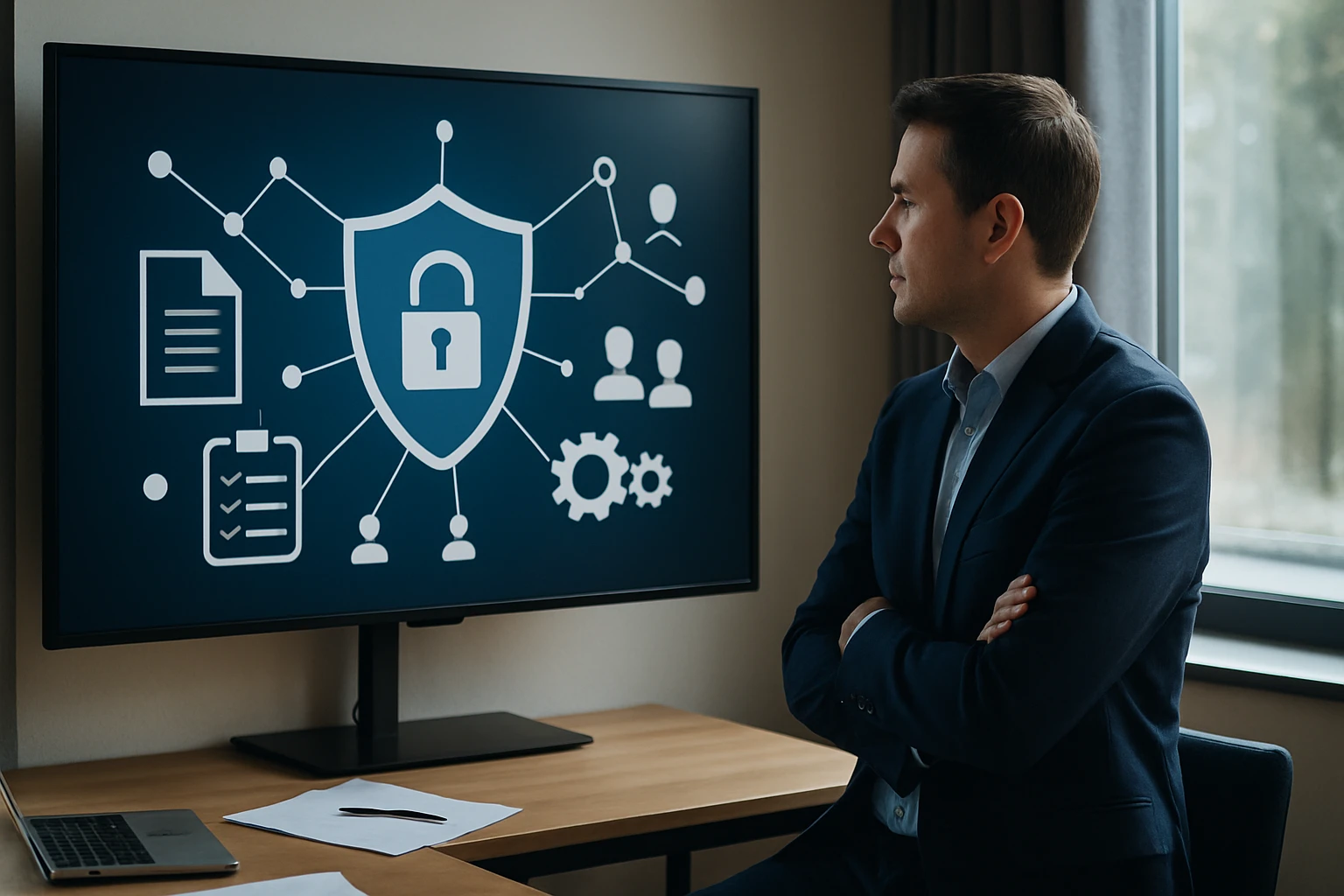 Egy férfi figyelmesen nézi a számítógép képernyőjén a kiberbiztonsági grafikont.