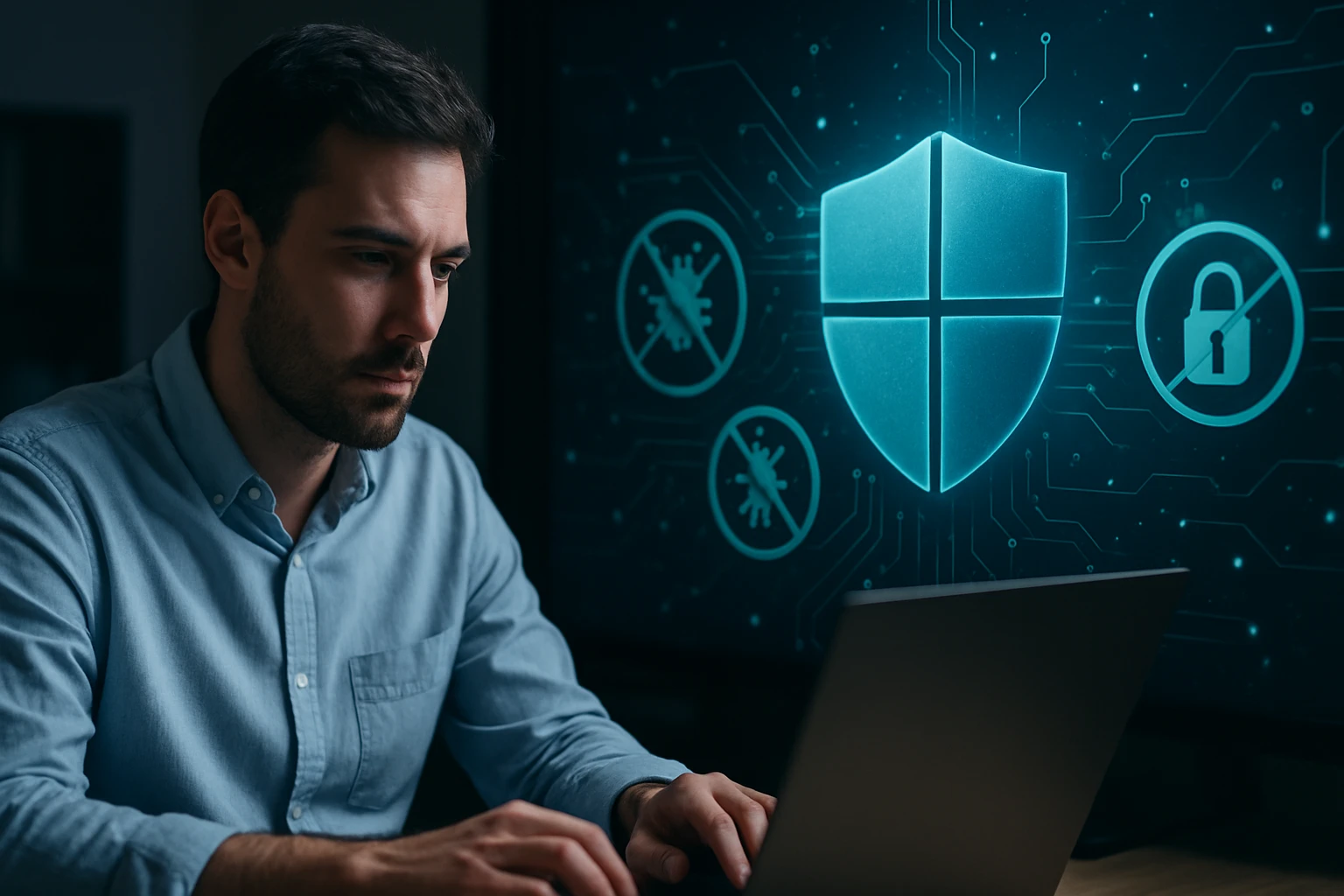 Egy férfi figyelmesen dolgozik laptopján, háttérben kiberbiztonsági grafika.