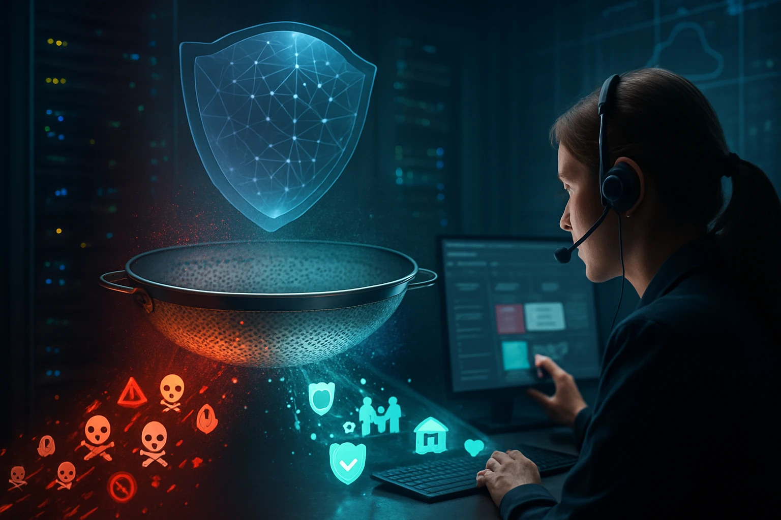 Egy nő számítógép előtt ül, miközben kiberbiztonsági grafikák jelennek meg.