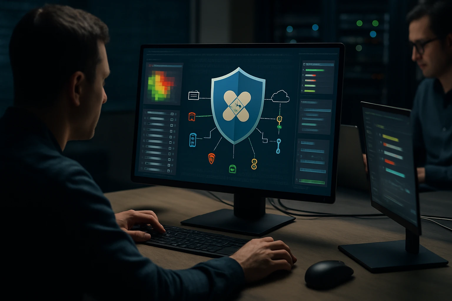 Egy férfi számítógép előtt ül, a képernyőn kiberbiztonsági grafika látható.