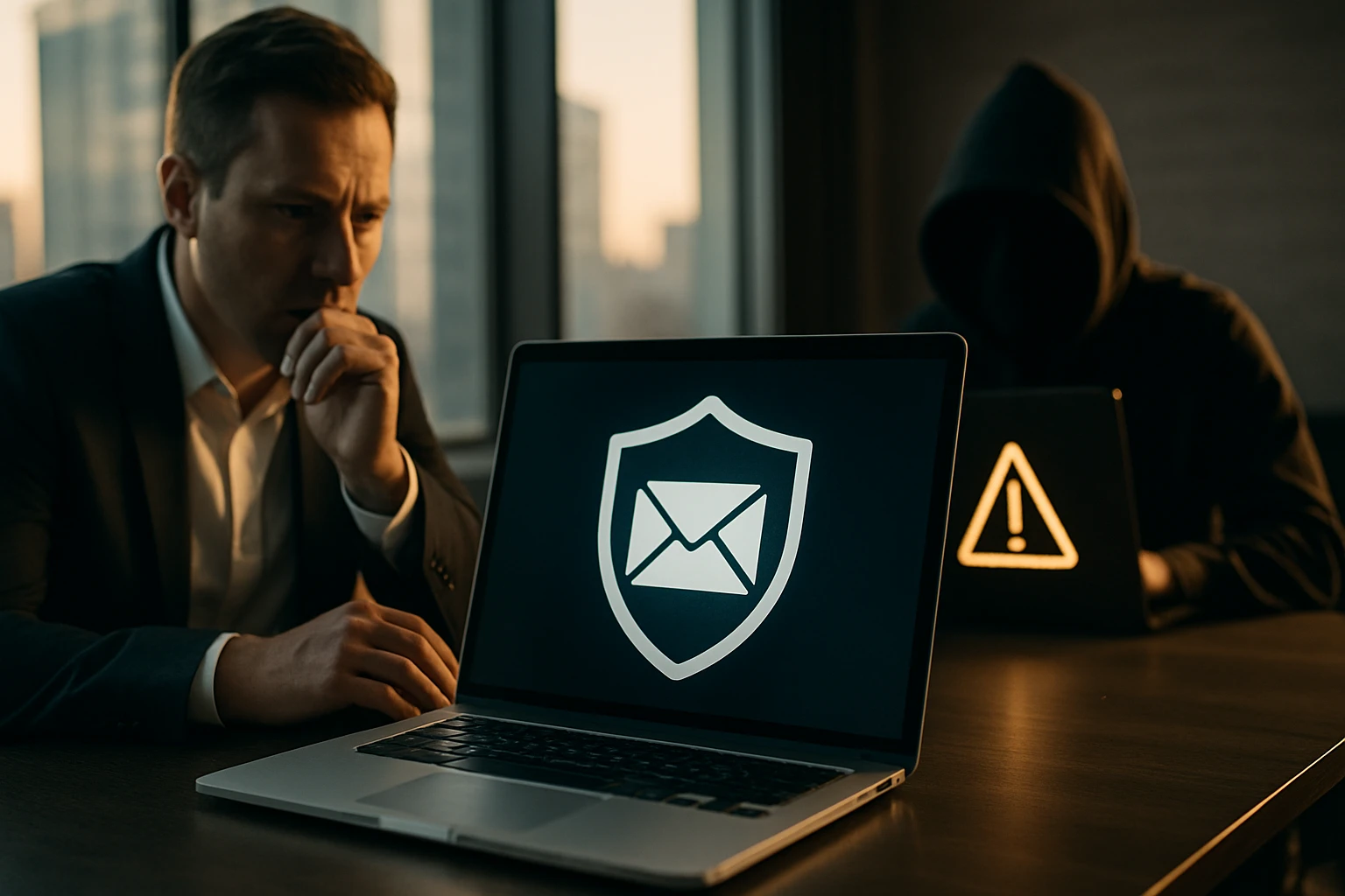 Egy férfi aggódva nézi a laptopját, amelyen egy védelmi ikon látható.