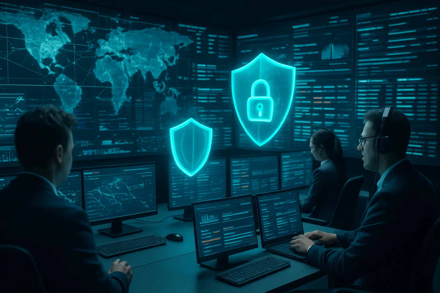 Kiberbiztonsági szakemberek dolgoznak modern monitorok előtt, védelmi szimbólumokkal.