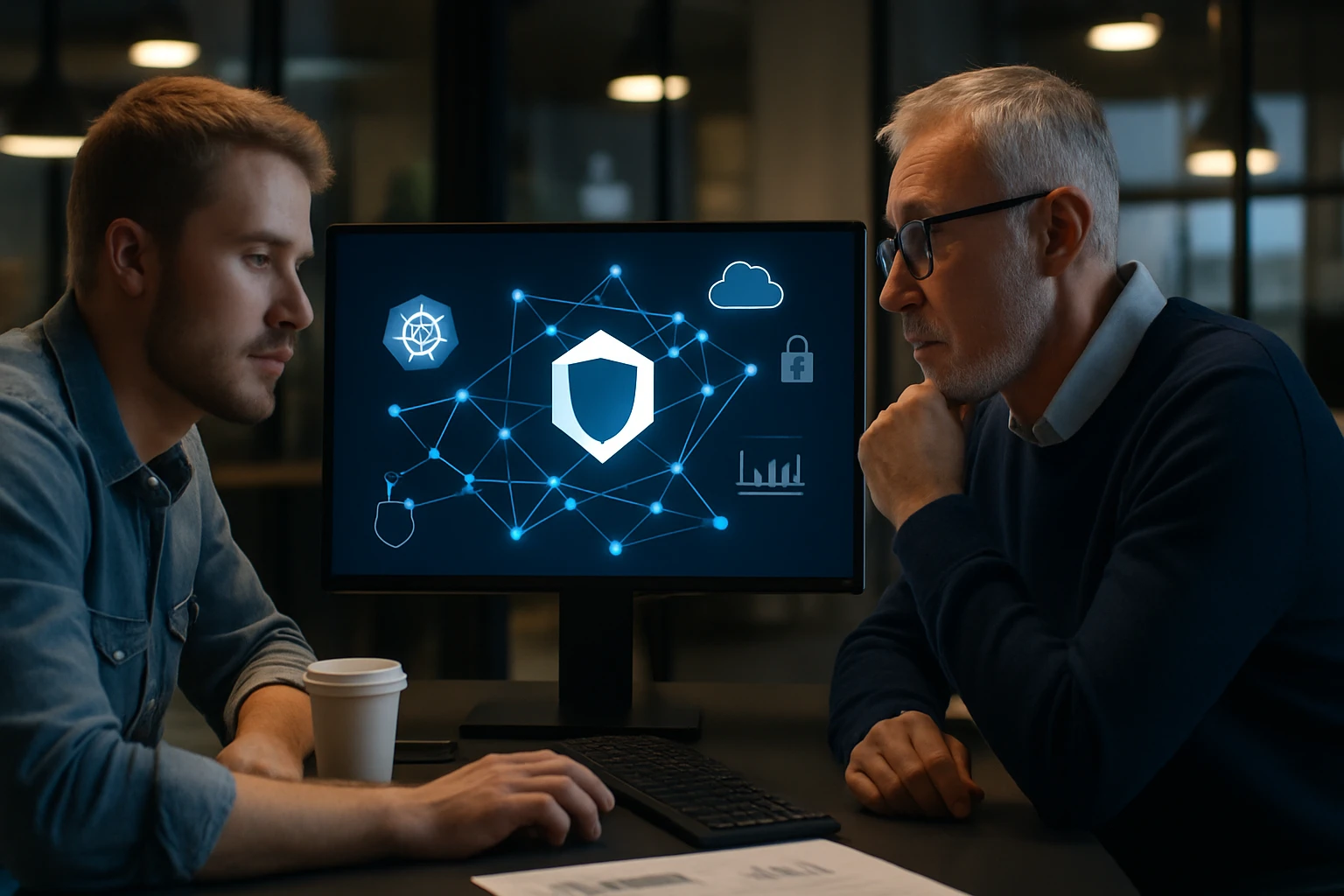 Két férfi egy számítógép előtt, amelyen kiberbiztonsági grafika látható.
