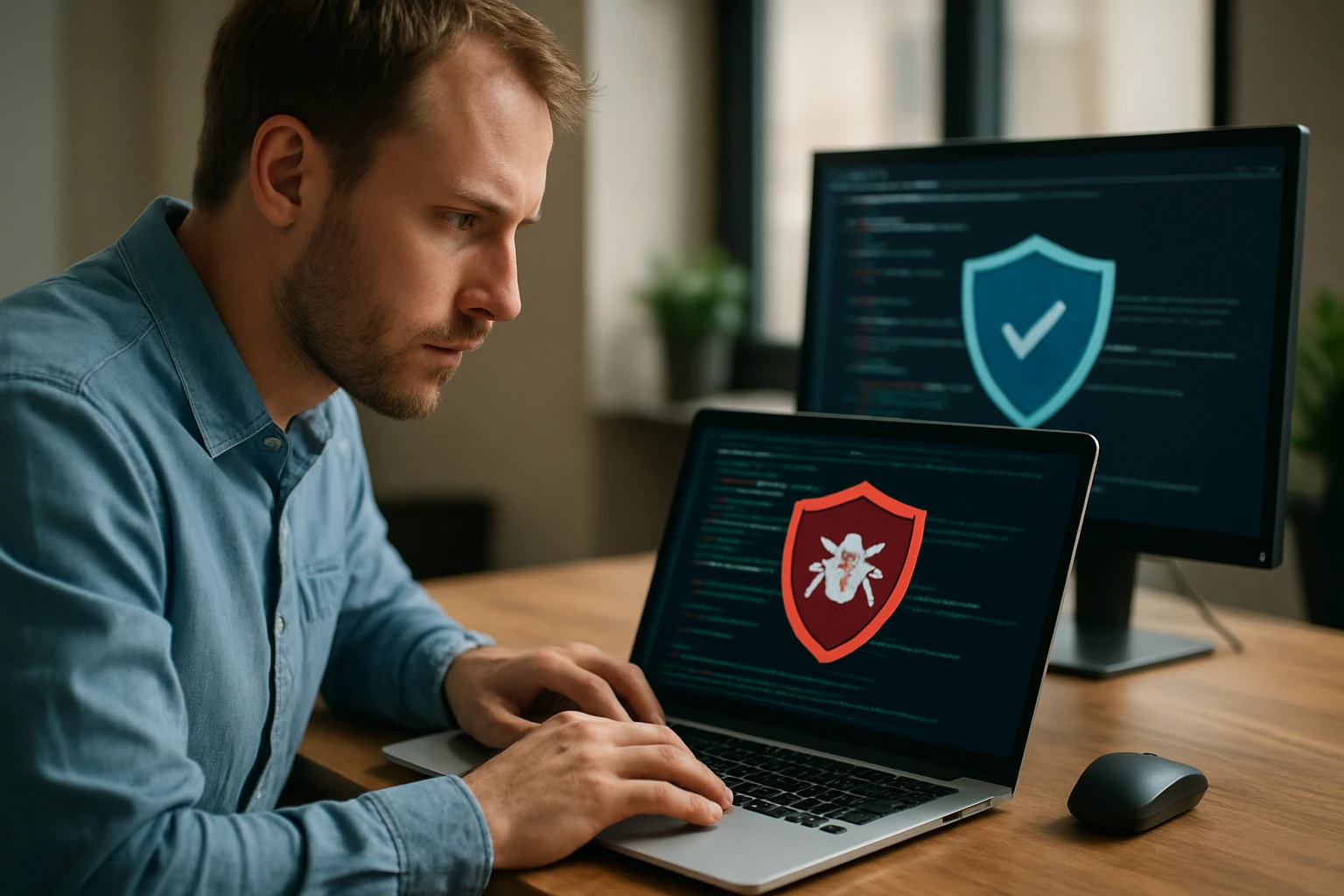 Egy férfi a laptopján dolgozik, miközben kiberbiztonsági grafikák láthatók a képernyőn.