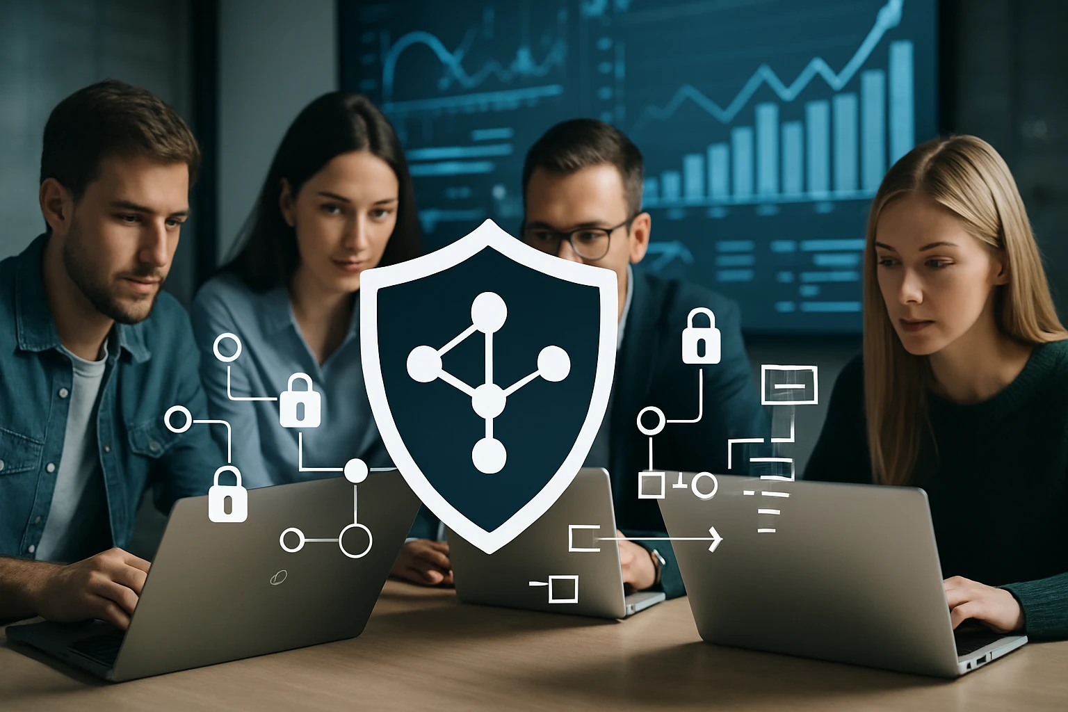 Négy fiatal szakember dolgozik laptopokon, miközben a kiberbiztonság szimbóluma látható.