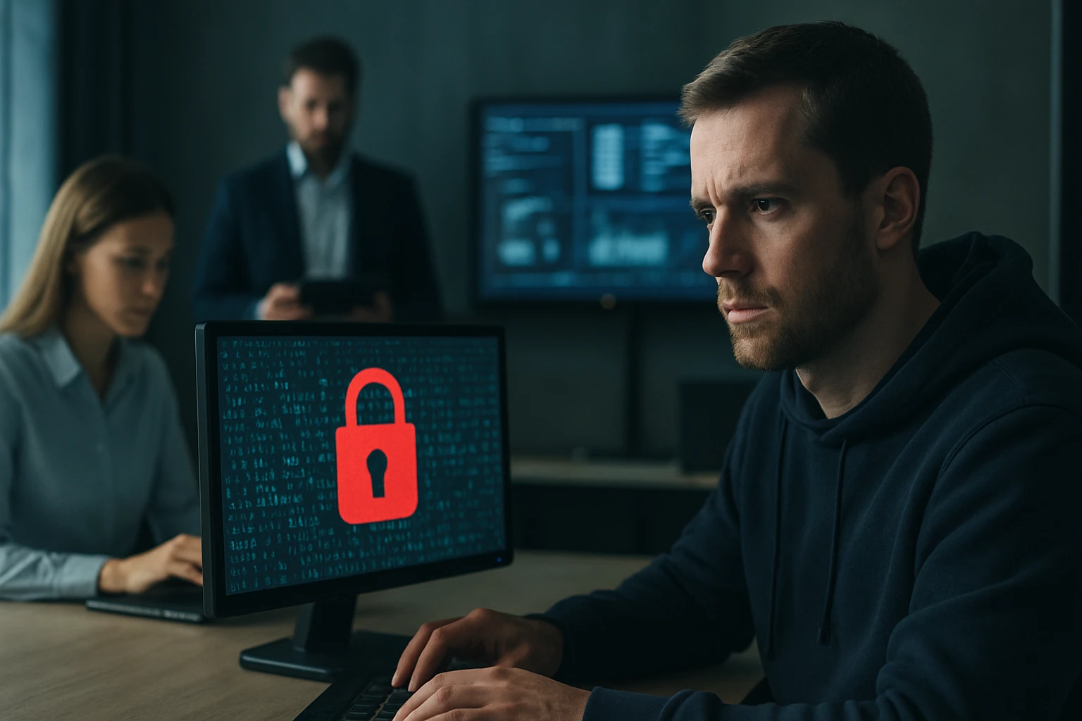 Egy férfi figyelmesen néz egy számítógép képernyőjére, amelyen zár ikon látható.