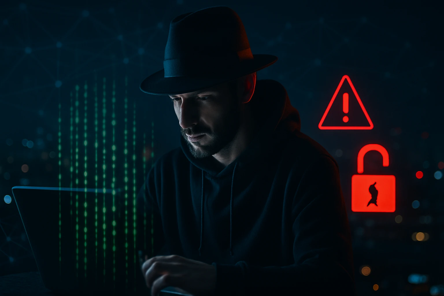 Egy férfi sötét háttér előtt laptopot használ, figyelme a képernyőn.