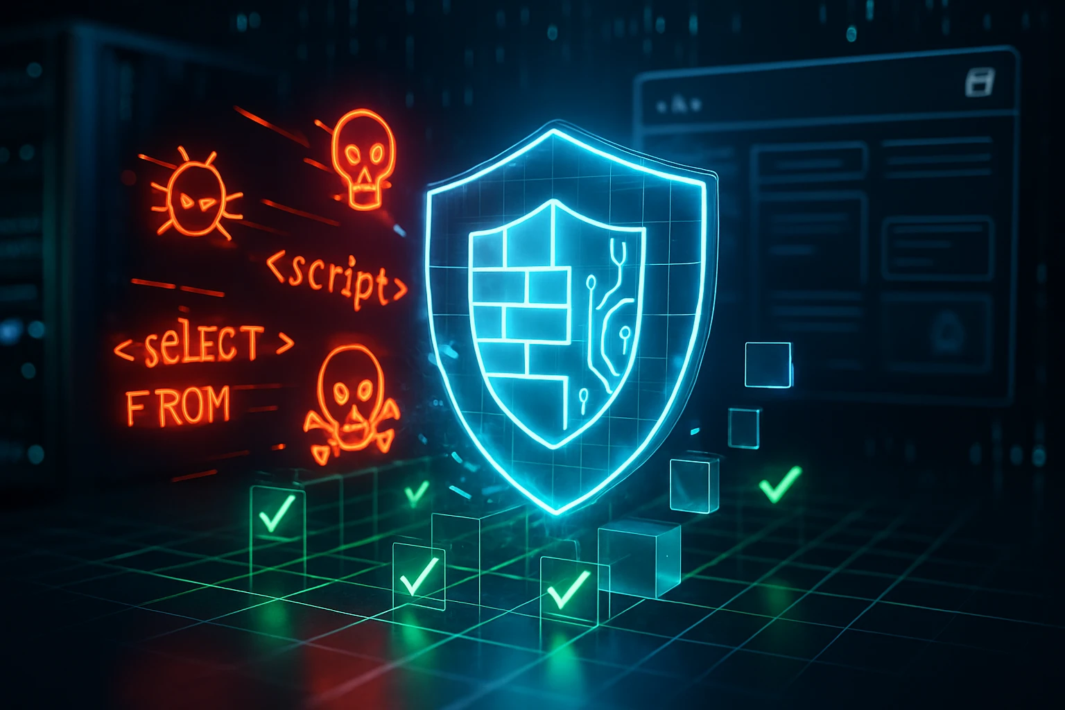 Digitális pajzs, amely a kiberbiztonságot szimbolizálja, körülötte fenyegetések és ellenőrző jelek.