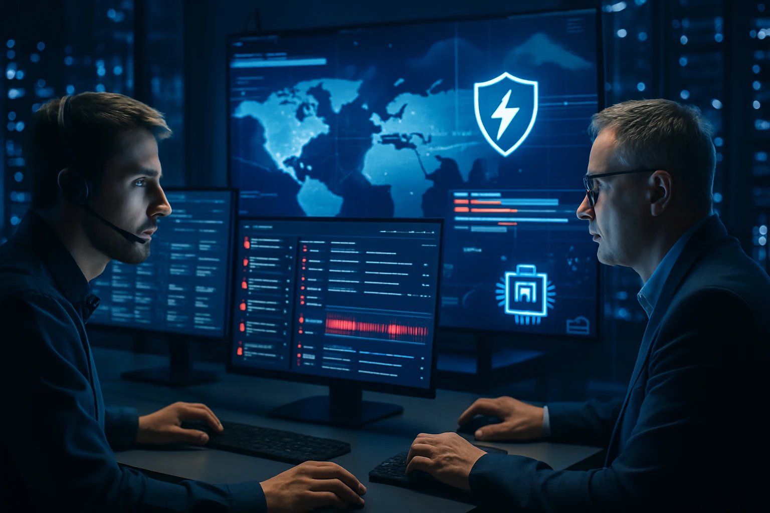 Két férfi dolgozik számítógépeken, kiberbiztonsági adatokat elemezve.